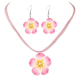 Dreuyet Colorful Plumeria Rubra Necklace Earrings Set for Women Elegant Hawaiian Style Flower Necklaces Bohemia Tropical Flower Dangle Earrings Luau Beach Party Accessories (pink)