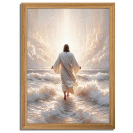 Framed Vintage 3D Textured Jesus Wall Art - Jesus Walking on Water Wall Decor - Hand Drawn Sandstone Christian Pictures for Living Room Bedroom Prayer Room 12x16 inch