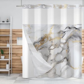 Baocicco No Hook Gold Ink White Marble Shower Curtain with Snap-in Fabric Liner Set for Bathroom Abstract Double Layers & Machine Washable for Easy Clean Hotel Shower Curtain and Liner Set 71x74 Inch