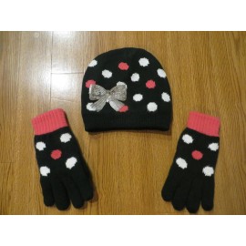 Jumping Beans GIRLS WINTER HAT AND GLOVES SET BLACK WITH WHITE PINK POLKA DOTS SEQUIN BOW MD