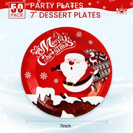 AHPYEUHK 50 PCS Christmas Paper Plates 7 Inches Disposable Party Tableware, Colorful Christmas Party Supplies Tableware Set Dinnerware for Decorations