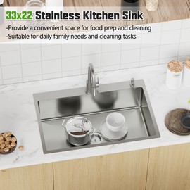Kitchen Sink, 33x22 Inch Stainless Steel Drop In Modern Single Bowl Topmount Kitchen Sink Combo-Silicon Mat,Drain Strainer Set Offering Large Basin And Compatibility With Various Kitchen&Bar Style