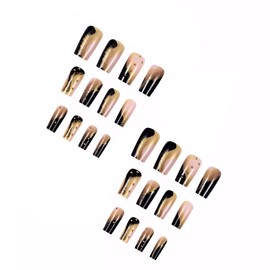 MERVF Long Press on Nails Square Fake Nails Black Gold Glue ons Glitter Design Acrylic Squoval DIY Nail Supplies Art Glossy 24pcs