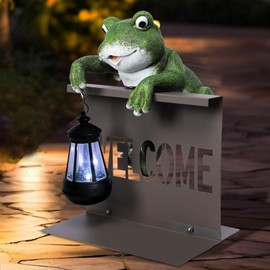 Afirst Solar Garden Statues Outdoor Figurine Lights Cute Frog Scuplture Holding Lantern with Welcome Fence Solar Hanging Decor for Garden Outdoor Decoration