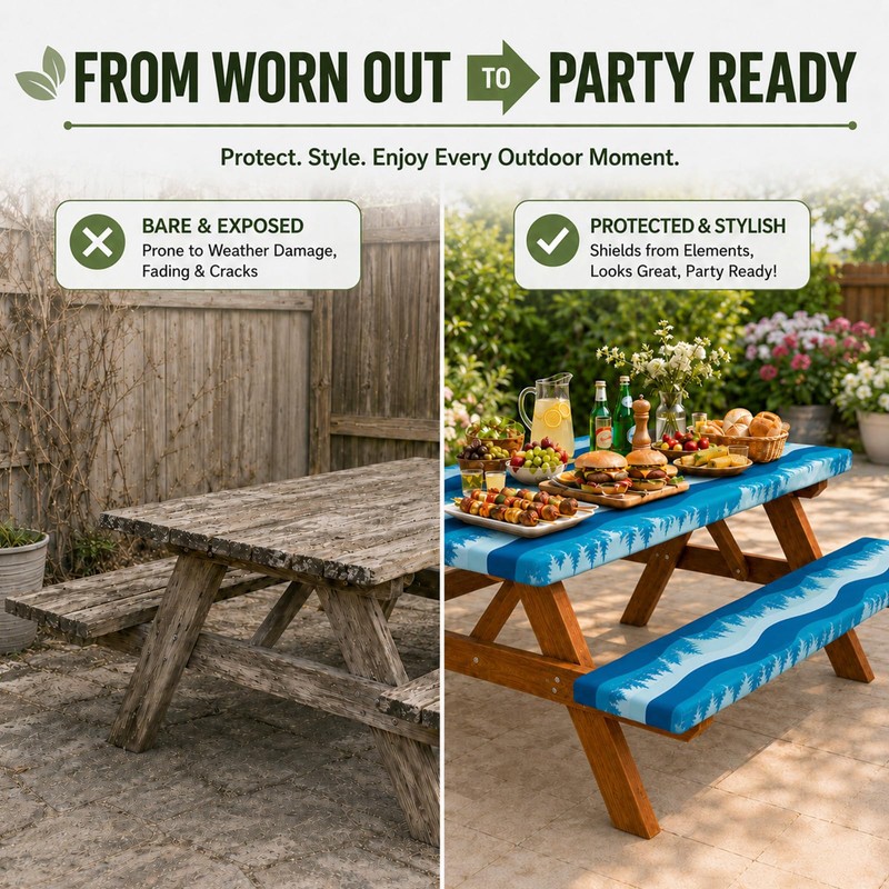 Emwwat Picnic Table Cover with Bench Covers, Waterproof Elastic Corner