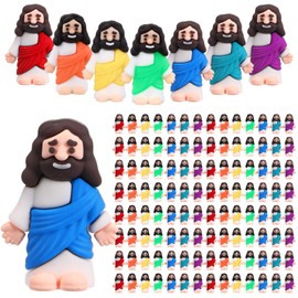 Bememo 100 Pcs Mini Jesus Figurines Bulk Little Jesus Toys Original Design Rubber to Hide and Seek Religious Party Favor Sunday Craft Baptism Gift for Easter Egg Stuffers(Rainbow)