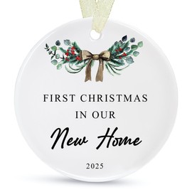 First Christmas in New Home Ornament 2025, First New Home Ornament New House Ornament 2025 Our First House Christmas Ornament Housewarming Christmas Ornaments Round Ceramic with Gift Box&Ribbon 2.9"