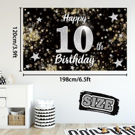 Nelbiirth Happy 10th Birthday Decorations,10th Black & Silver Dream Star Large Birthday Banner Backdrop Sign - Cheers to Ten Years Old Bday Party Decoration.