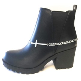 Long Sideways Cross Boot Bracelet 16 Inch Adjustable Size Double Clasp Stainless Steel Faith Jewelry