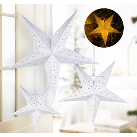 Pack of 3 Paper Star Lampshade, Christmas Star Illuminated, Paper Stars Christmas, Folding Stars, White, Christmas Decoration, Indoor Hanging, 3D Advent Star Window Decoration, Diameter 50/40/30 cm