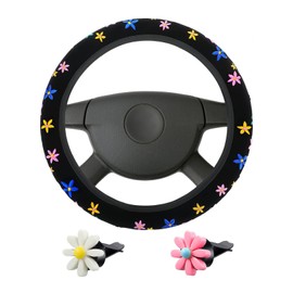 Augeny Cute Flower Floral Steering Wheel Cover, Embroidery Cute Flower Car Accessories Set with 2 Air Vent Clip Flowers, Universal Auto Interior Decor for Women Girls