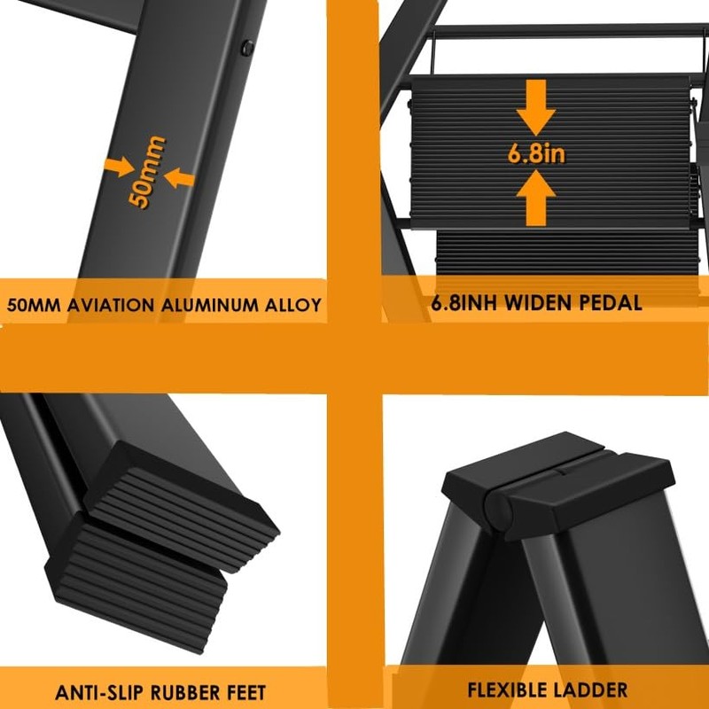 MAMIZO 3-Step Aluminum Step Ladder - Portable and Lightweight with