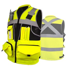 JHPAZUJA Surveyor Safety Vest for Men with 16 Pockets-Hi Vis Reflective Vest with Padded Neck Fishing Tactical Vest Custom Logo (Yellow, 2XL)