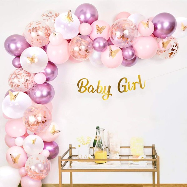 Sweet Baby Co. Girl Butterfly Baby Shower Decorations for Girl Party Decoration with Pink and Purple Mauve, Rose Gold Balloons Arch Garland Kit, Banner for Princess Floral Birthday BabyShower Decor