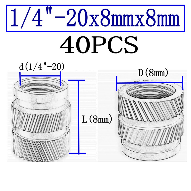 40pcs Brass Threaded Inserts, 1/4"-20x8x8 Heat Set Insert for 3D
