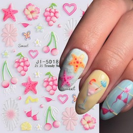 Cute Nail Stickers 2Pcs 5D Embossed Nail Art Stickers Flowers Cherry Starfish Design Nails Decals Self Adhesive Nail Art Supplies Summer Nail Decorations DIY Manicure Sliders for Women and Girls