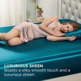 Bedsure Bedsure Satin Fitted Sheet Full Size - Silk Bed Sheet, Luxury & Ultra Soft, Non-Fading & Wrinkle Free, Good for Hair & Skin (Teal, 54x75+15 Inches, 1 Piece)