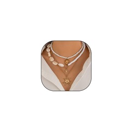 RTY Starfish Shell Necklace Beach Necklace for Women Layered Beaded Turtle Sea Star Conch Pendant Necklace Bohemia White Shell Turquoise Beaded Chain Necklace Summer Fashion Jewelry (A gold conch)