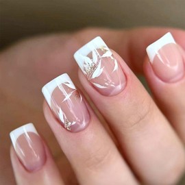 Short Square Press on Nails White French Tip Fake Nails Acrylic Fall False Nails with Gold Glitter Leaves Designs Summer Nails Press on Full Cover Glue on Nails for Women Girls 24Pcs