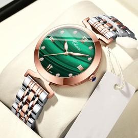 Tiong Fashion Pink Green Women's Round Steel Band Quartz Watch, Green Roman Numerals Dial Watch for Women's Gift-Green