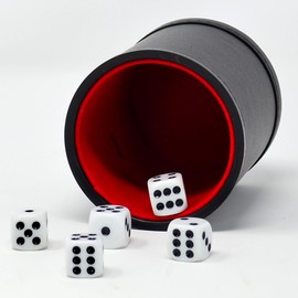 Player's Choice: Professional Dice Cup - PU Leather Cup w/ Five d6 Playing Dice, Black w/ Red Felt Liner, White Dice w/ Black Dot, Game Accessory