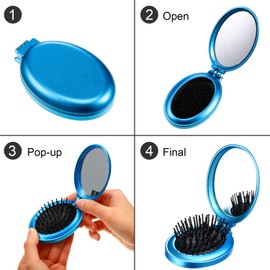 Boao 2 Pack Foldable Travel Mirror Hair Brushes Round Portable Folding Pocket Hair Brush Mini Comb Compact Travel Size Massage Comb for Men Women (Blue, Purple)