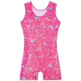 TENVDA Girls Leotards for Gymnastics Size 6 7 Years Old Sparkle Pink Hearts Pattern One-Piece Tank Tumbling Biketards Unitard