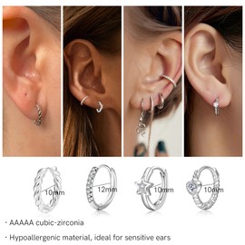 4 Pairs Silver Hoop Earrings for Women Girls,925 Sterling Silver Earrings Cubic Zirconia Huggie Hoop Earrings Hypoallergenic Small Cartilage Sleepers Earrings Set for Multiple Piercing