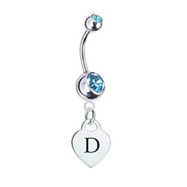 Letter D Silver Heart with Light Blue CZ Crystal Silver Belly Button Ring