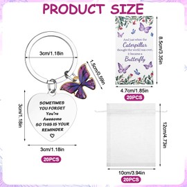SevenMye 20Sets Inspirational Gift Funny Butterfly Keychain Motivational Encouragement Thank You Cards and Organza Bags for Employee Appreciation Pocket Favors for Staff Coworkers