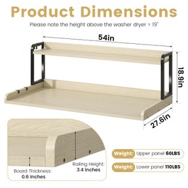CBBPET 2-Tier Washer Dryer Countertop with 3.4" H Edge, 54" W x 27.6" D Laundry Countertop Over Washer and Dryer for Folding Clothes with 9 Non-Slip Pads & 3 Metal Hooks (Natrual Wood)