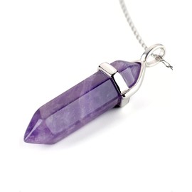 LAVISA Obelisk Gemstone Necklace, Pendant, Real Crystal Chain, Rose Quartz Amethyst, Natural Stone, 55 + 5 cm, Stainless Steel