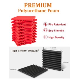 Acoustic Foams Panels 48 Pack 1" x 12"x 12" Sound Proof Foam Panels for Walls High Density and Fire Resistant Soundproofing Panels Soundproof Studio Wedges Sound Dampening Panels Black Red