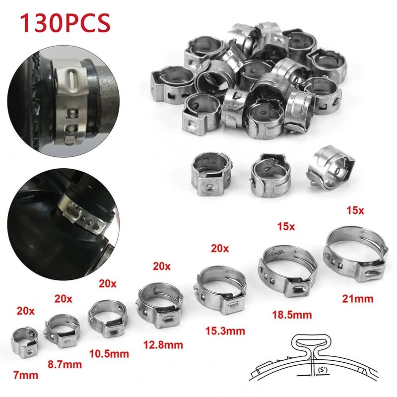 130 Piece Single Ear Stepless Hose Clamp +1PC Hose Clip