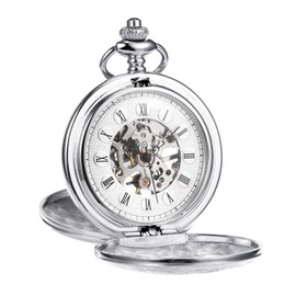 TREEWETO Antique Mens Pocket Watch Skeleton Mechanical Half Hunter Silver Case Roman Numerals