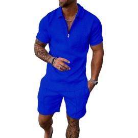FcuteL Mens Short Sets 2 Piece Outfits Summer Fashion Quarter Zip Polo & Athletic Shorts Retro Textured Sweatsuit Vacation Set Tracksuit Blue M
