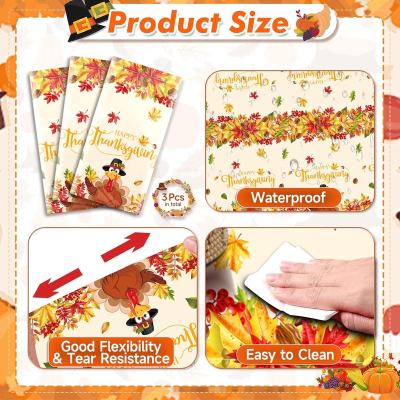 Jhfinely 3 Pcs Happy Thanksgiving Tablecloth - Turkey Fall Plastic