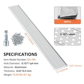 Gutter Guard - 5" Aluminum Gutter Covers for Home, Set of 7 with 104 Ft Total Length, 0.157" Hole Diameter & 0.02" Thick. Includes Scissors & Gloves, Compatible with Any Roof or Gutter Style
