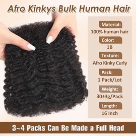 PORSMEER Afro Kinky Curl Bulk Real Hair 8 Inches 30 g/Pack 100% Real Hair for Dreadlocks & Loc Extensions Faux Locs Braiding Twist Afro Kinky Bulk Real Hair Can Be Dyed and Bleached (Black - 16