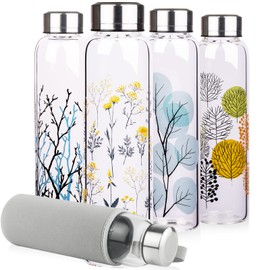 Reeho Borosilicate Glass Water Bottle, Sports Glass Drinking Bottle with Neoprene Sleeve and Stainless Steel Lid 16oz / 32oz (16oz, Blooming Branches)