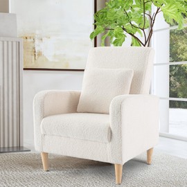 COLAMY Sherpa Upholstered Accent Chair Armchair with Pillow, Fabric Reading Living Room Side Chair,Single Sofa with Lounge Seat and Wood Legs, Cream