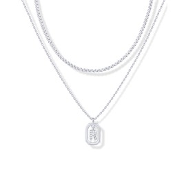 PAVOI 14K Gold Plated Cubic Zirconia Letter Pendant Layered Necklace | Framed Initial Letter Cable Singapore Chains Layering Necklaces for Women, White Gold, Cubic Zirconia