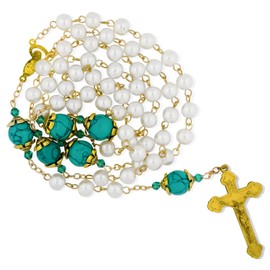Religious Gifts Ornate Rosary with Gold Accents and Pearlized Beads