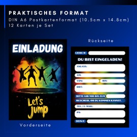 HIDEBLOOM I Jump Party Invitation Cards Children's Birthday Boys I Pack of 12 I DIN A6 (10.5 cm x 14.8 cm) I Invitation Birthday Jumphouse I Trampoline Party I Invitation Jump House Boys