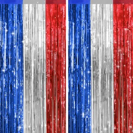 jijAcraft Red White Blue Tinsel Foil Fringe Curtain, 2 Pack 3.2x6.5 Feet Patriotic Party Photo Backdrop Streamers for 4th of July Memorial Day Labor Day 250th Anniversary Streamer Decor