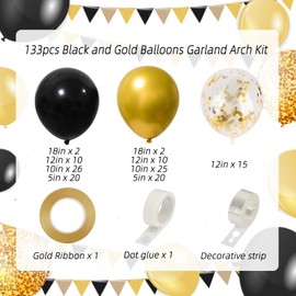 RUBFAC 130pcs Black and Gold Balloons, Black Metal Gold and Metallic Confetti Gold Balloons for 2025 Graduation Class Decorations Retiremen Party Baby Shower Wedding Birthday Anniversary