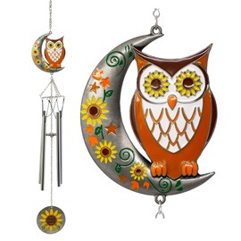 BANBERRY DESIGNS Owl Windchime Garden Welcome - Colorful Owl with Sunflowers and a Moon Design - Welcome Hanging Sun Flower Pendant