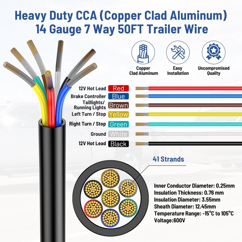 7 Way Trailer Wire – Heavy Duty 14 Gauge 7