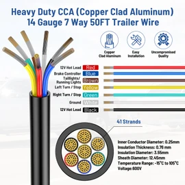 7 Way Trailer Wire – Heavy Duty 14 Gauge 7 Pin Trailer Wiring Harness Kit with Color-Coded PVC Jacket – Flexible 7 Conductor Insulated Cable for RV, Camper, Truck, Boat, Utility Trailers (50 Feet)