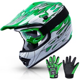 TCMT Dot Youth & Kids Motocross Offroad Street Green Flame Motorcycle Youth Helmet Dirt Bike Motocross ATV Helmet+Goggles+Gloves